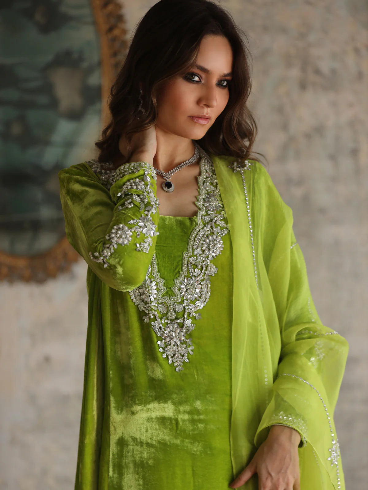Irsa Parrot Green Signature Velvet Alizay Saad