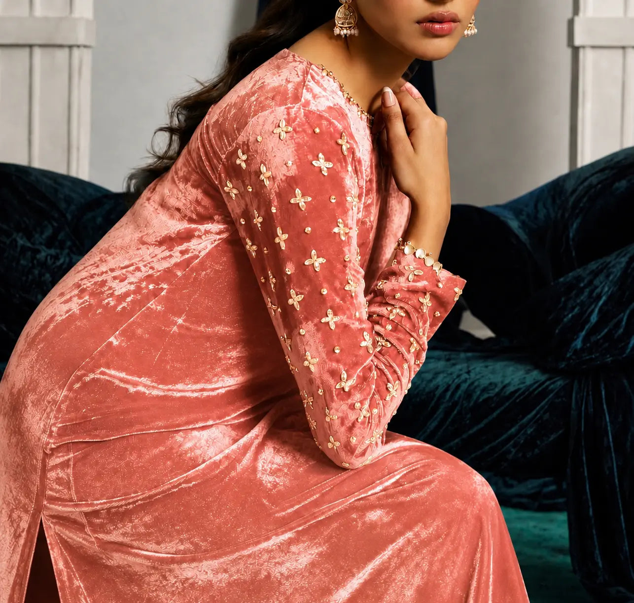 Salmon Velvet Kaftan Alizay Saad