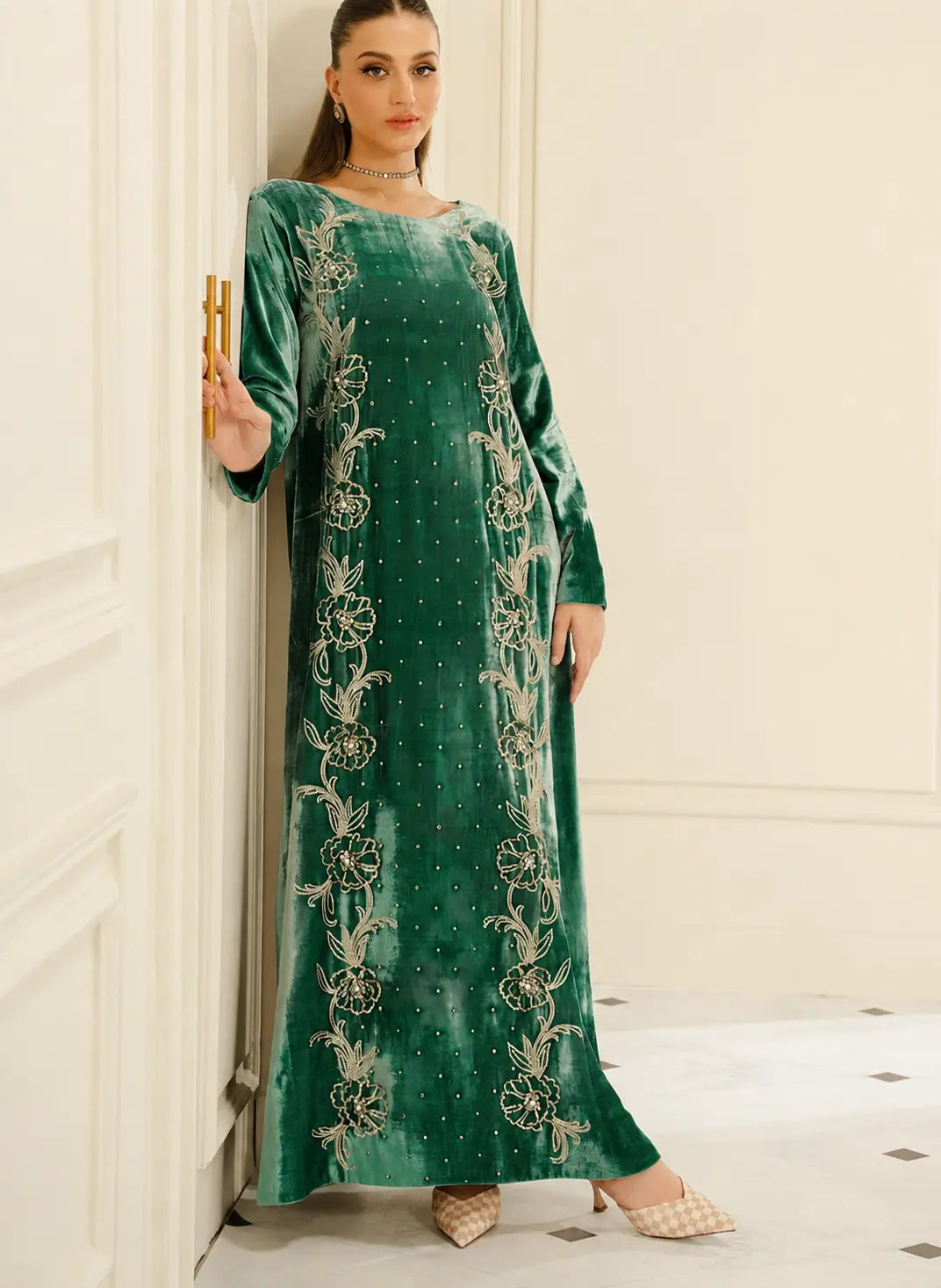 Emerald Green Velvet Kaftan Alizay Saad