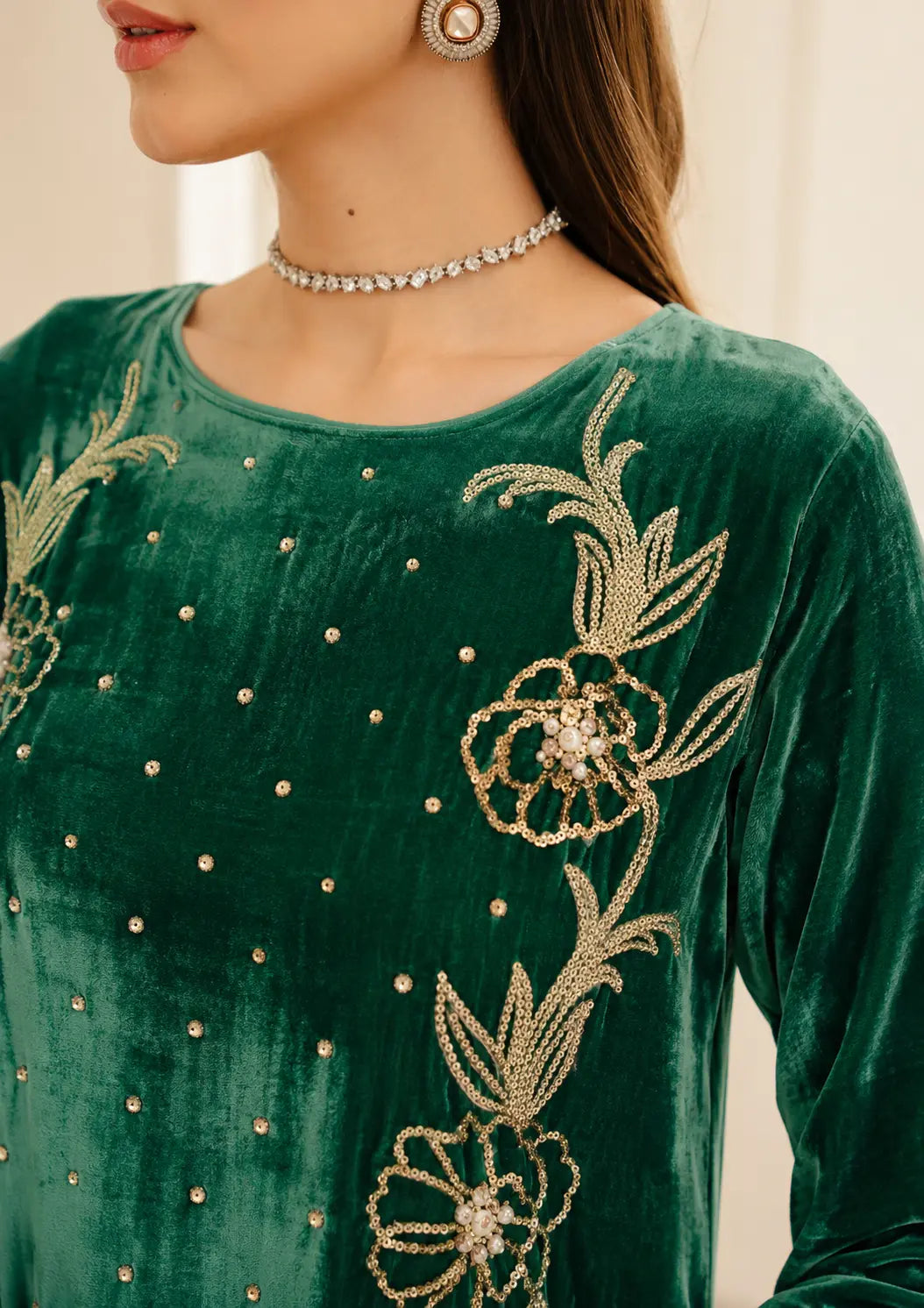 Emerald Green Velvet Kaftan Alizay Saad