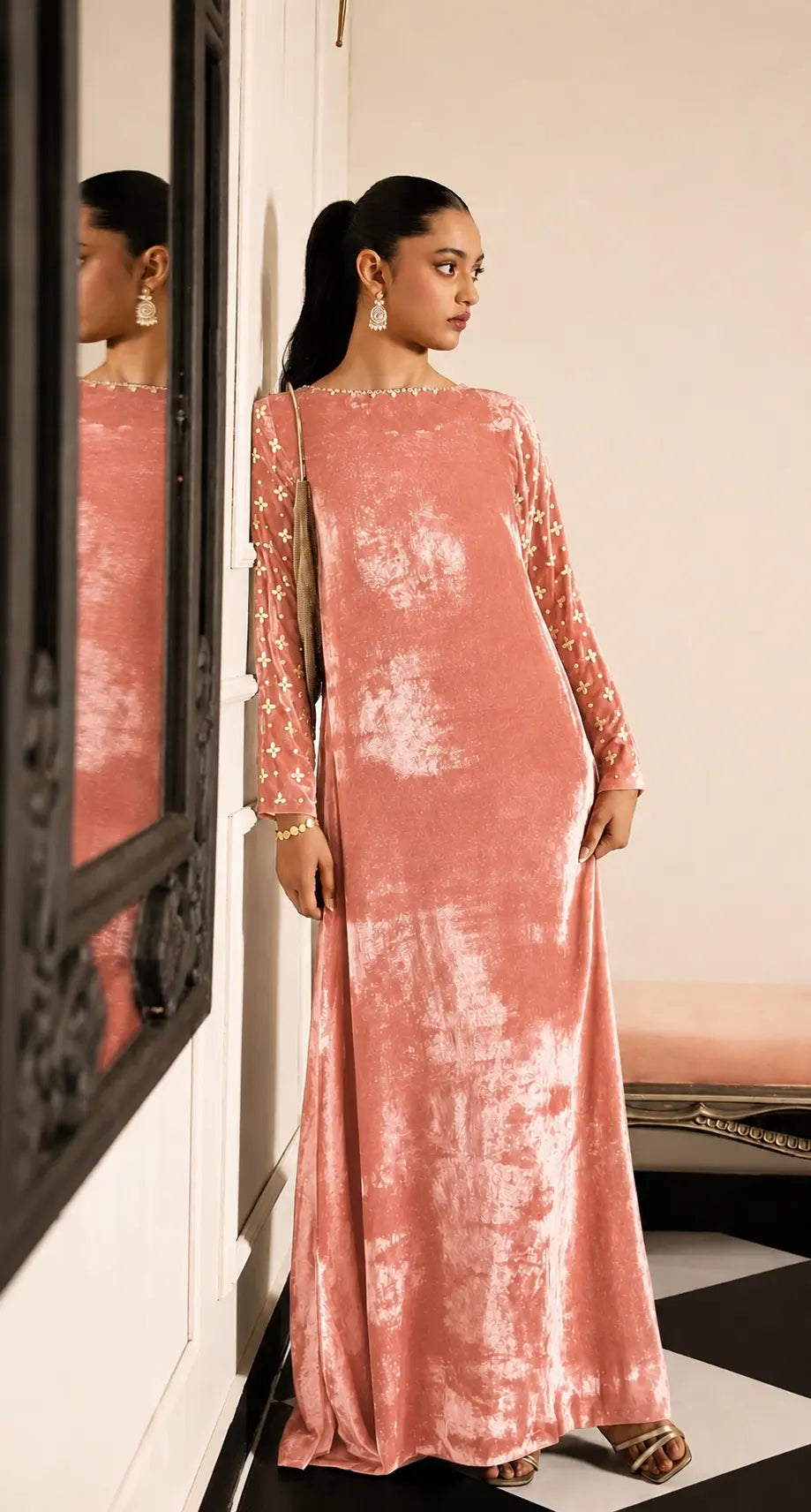 Salmon Velvet Kaftan Alizay Saad
