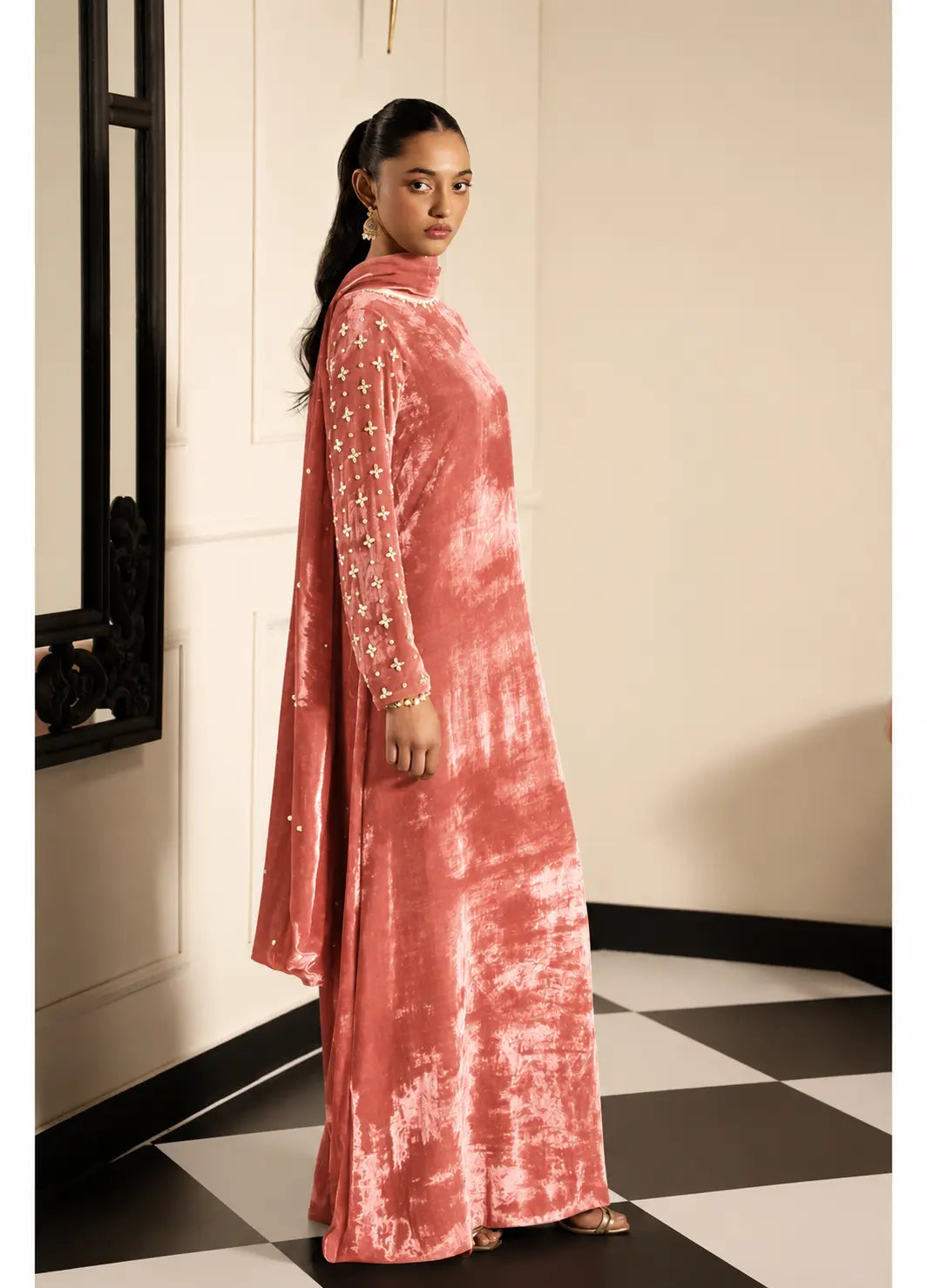 Salmon Velvet Kaftan Alizay Saad