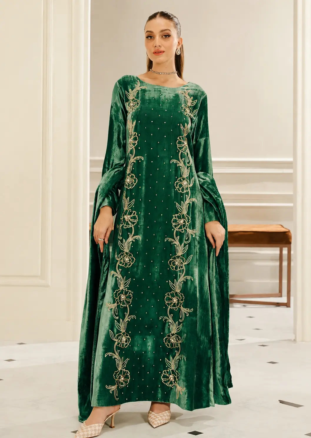 Emerald Green Velvet Kaftan Alizay Saad