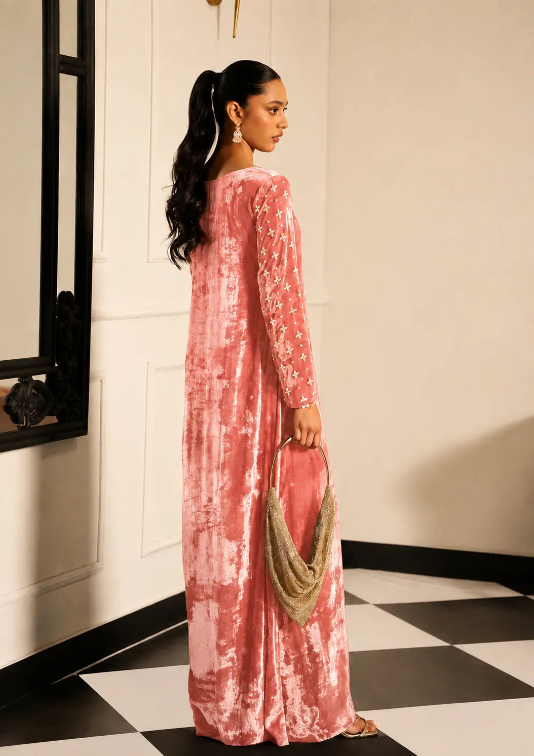 Salmon Velvet Kaftan Alizay Saad