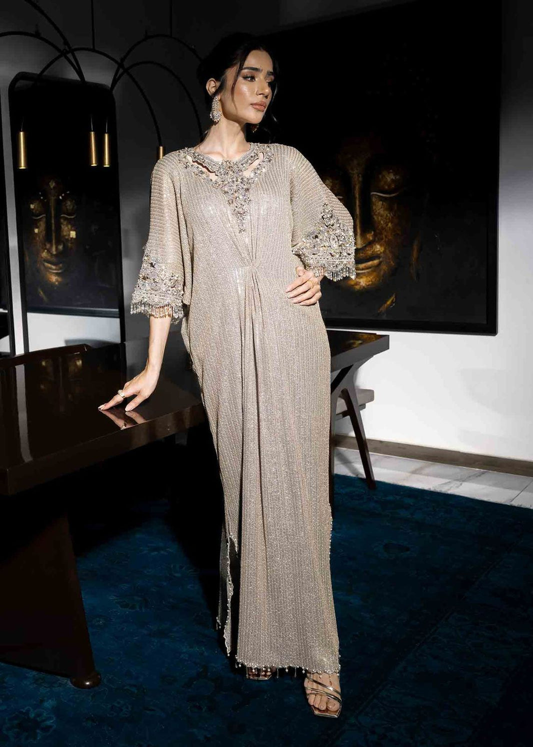 green emerald velvet dress White and gold Kaftan Dress